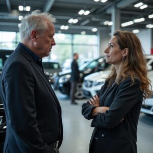 Autokäufer inspiziert kritisch Motor eines modernen Gebrauchtwagens im Showroom