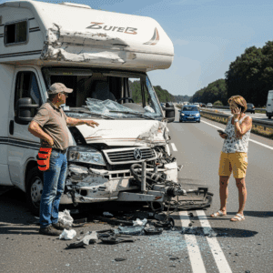 Unfall mit beschädigtem Wohnmobil, Fahrzeugbesitzer, Frau mit Handy und Verkehr im Hintergrund
