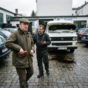 Ein Kunde steckt demonstrativ seinen Geldbeutel ein und wendet sich distanziert vom Mechaniker am offenen Transporter ab.