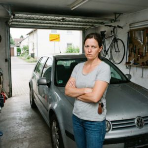 Eine Frau steht mit verschränkten Armen vor einem silbernen Kleinwagen in einer Garage vor der offenen Einfahrt.
