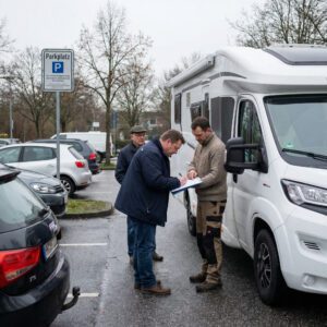 Zwei Männer unterzeichnen auf einem Parkplatz informell ein Dokument an der Seitentür eines weißen Wohnmobils.