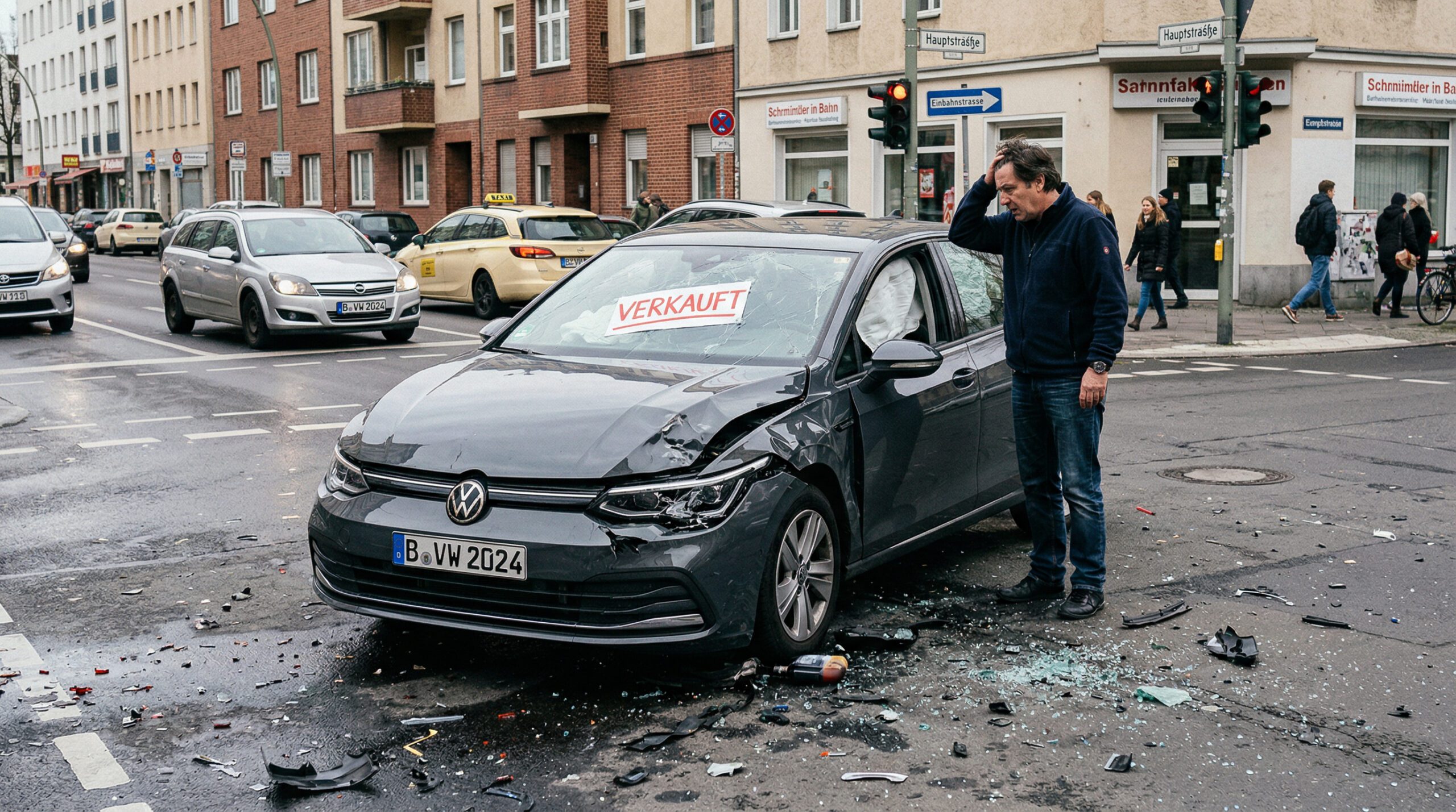 Beschädigter Pkw mit 'VERKAUFT'-Schild nach Unfall an einer Straßenkreuzung; Trümmerteile auf dem Asphalt.