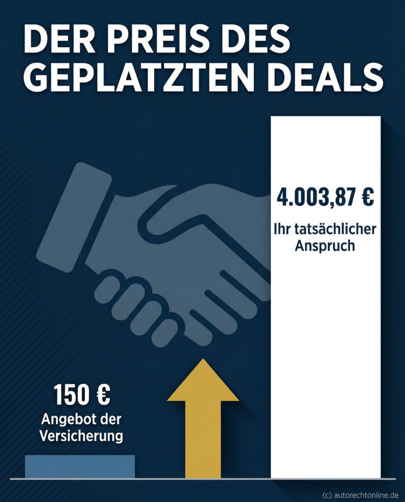 Infografik Vergleich: 150 Euro Versicherungsangebot gegen über 4000 Euro tatsächlicher Anspruch bei entgangenem Gewinn.