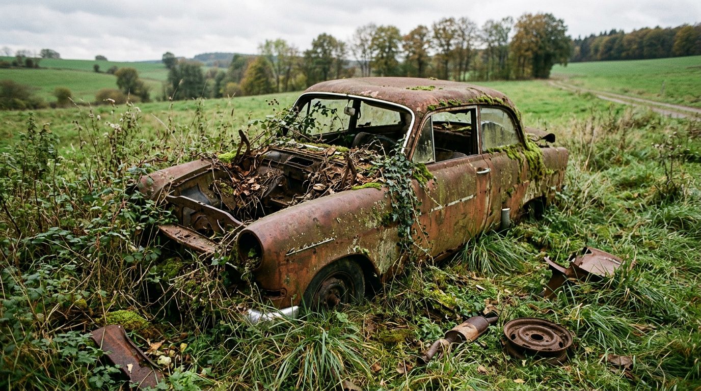 Ein verrostetes Autowrack ohne Motorhaube steht eingewachsen in einer hohen, verwilderten Wiese mit Moosbewuchs.