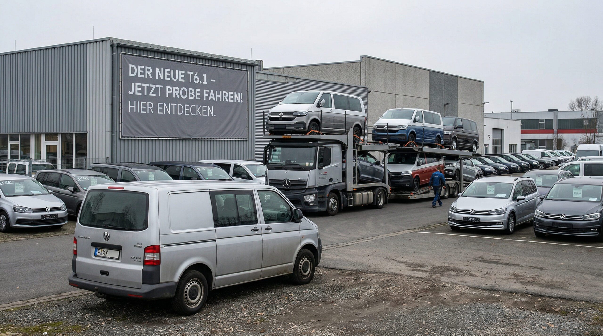 Ein älterer Diesel-Pkw parkt vor einem Autotransporter, der mit modernen Nachfolgemodellen beladen ist.