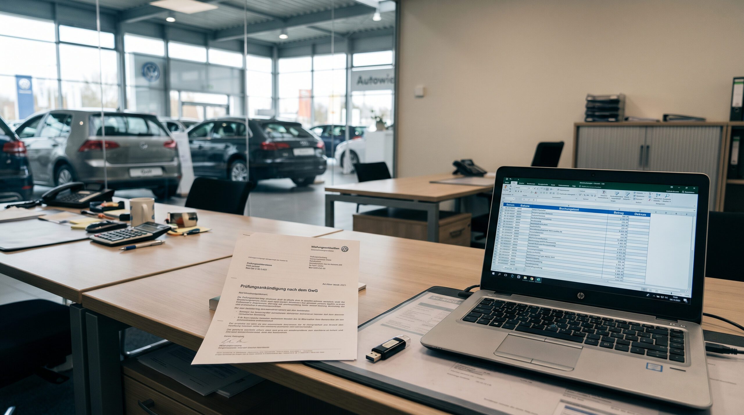 Schreibtisch im Autohaus mit Prüfungsankündigung, Laptop mit Buchhaltungsdaten und USB-Stick vor glänzenden Autos.