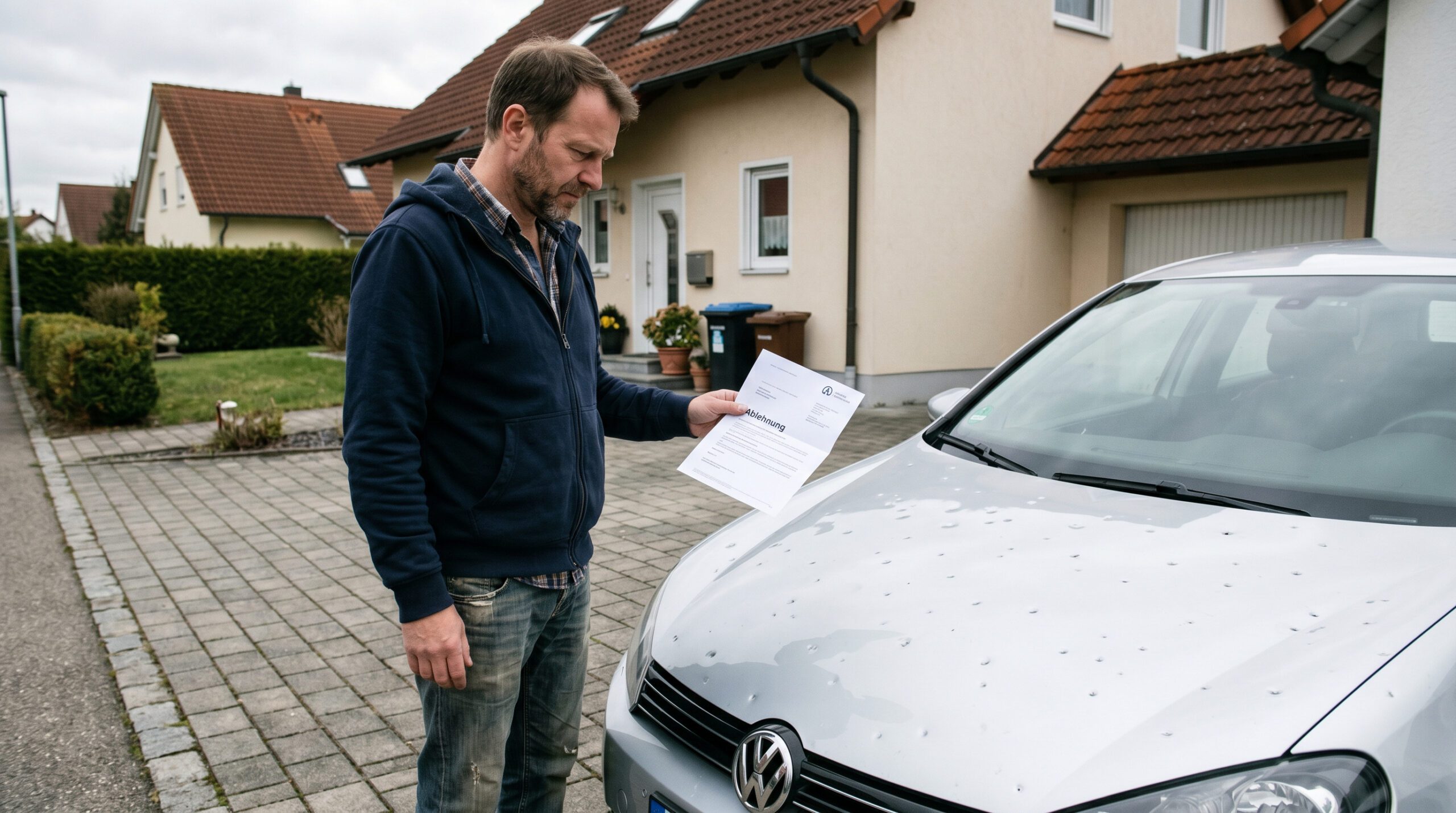 Mann betrachtet Hagelschaden auf silberner Motorhaube und hält ein Ablehnungsschreiben einer Versicherung.