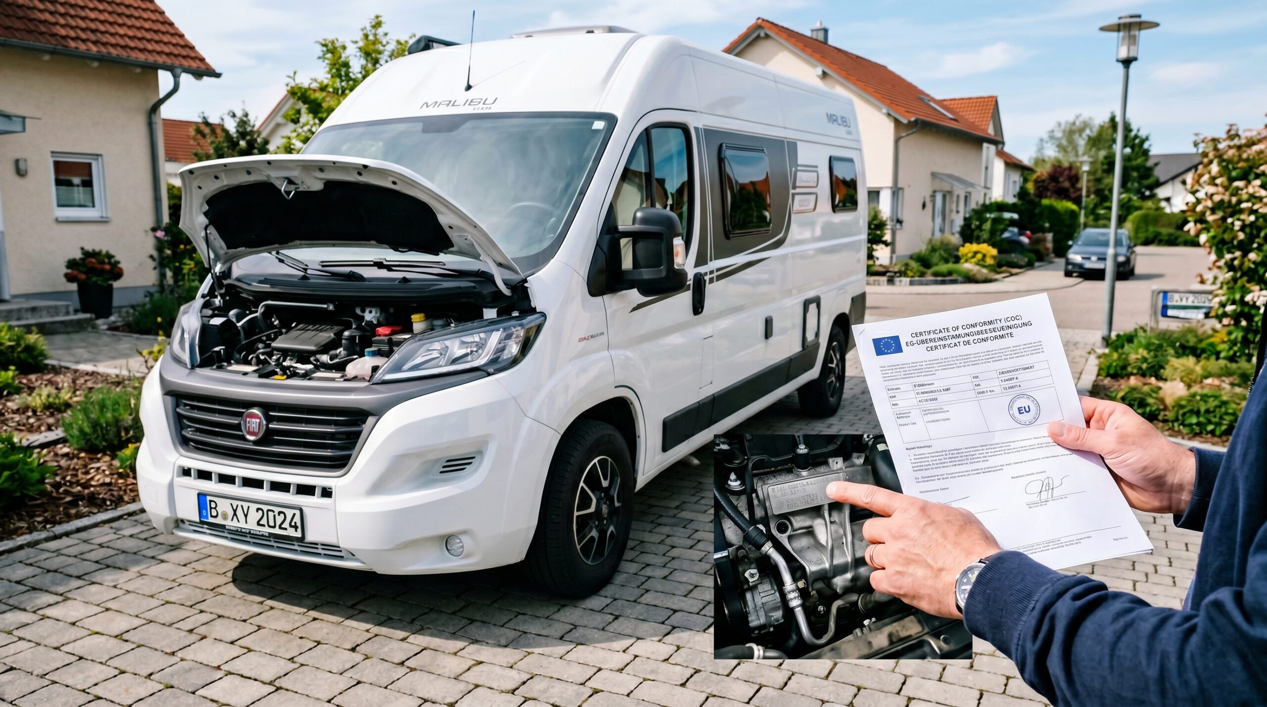 Wohnmobil mit offener Motorhaube und Übereinstimmungsbescheinigung auf einer Einfahrt in Deutschland.