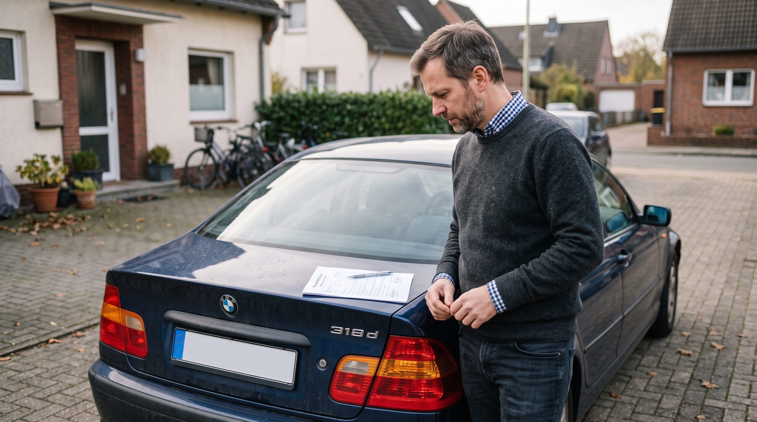 Ein Mann betrachtet einen Kaufvertrag von 2024 auf dem Dach eines BMW 318d in einer Einfahrt.