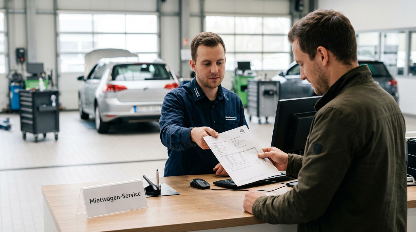 Werkstattmitarbeiter übergibt Kunden einen Reparaturablaufplan am Tresen, im Hintergrund ein repariertes Auto.